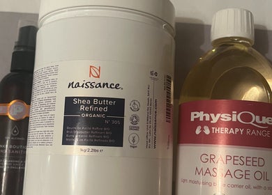 Massage oil and shea butter at Peak Recovery Sports Therapy in Frampton Cotterell, England, GB.