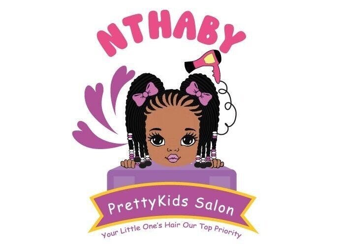 Colorful logo of Nthaby Pretty Kids Salon, Pretoria East, Gauteng, featuring a cute cartoon girl stylist.