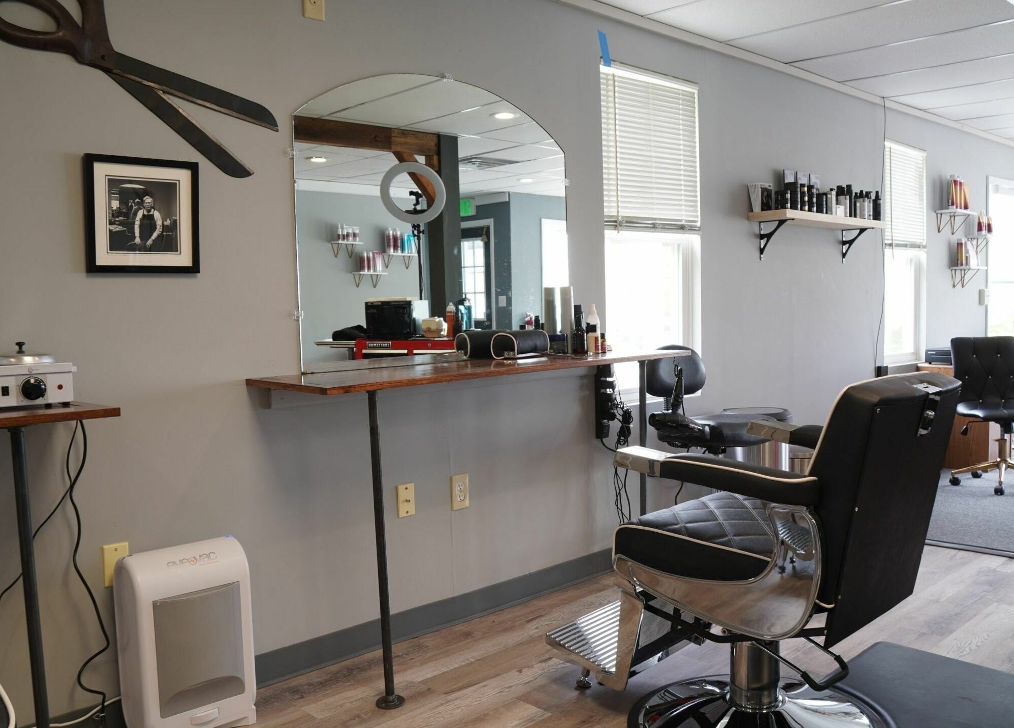 Modern salon interior at Scissors Hair and Barber in New Freedom, Pennsylvania, US.