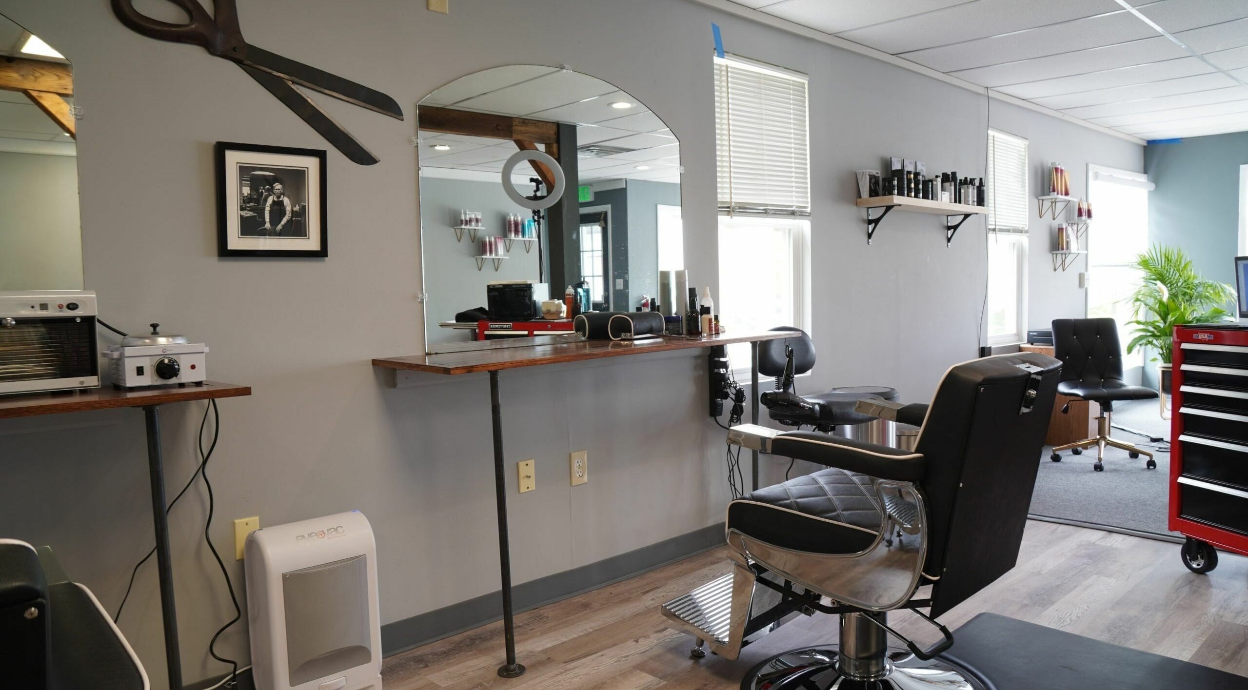Modern salon interior at Scissors Hair and Barber in New Freedom, Pennsylvania, US.