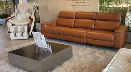 Comfortable leather seating arrangement at Skiness, West Hollywood, California, US, showcasing modern design.