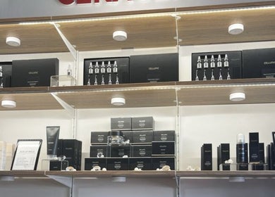 Luxury skincare products on display at Skiness, West Hollywood, California, US.