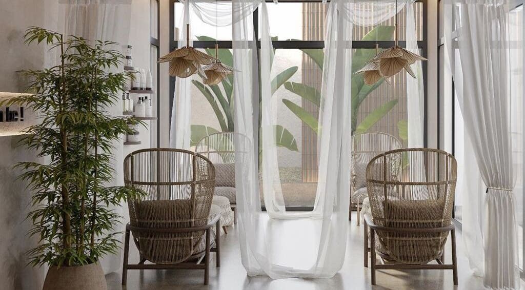 Relaxing lounge at Petanu Salon, Al Malqa', Al Qassim Province, SA with natural decor and soft lighting.