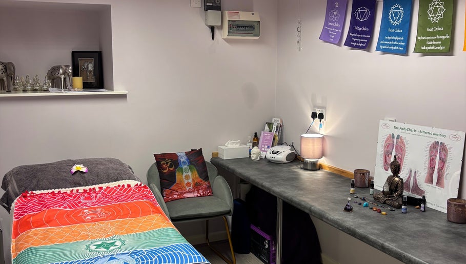 Tranquil therapy room at Just Breathe - CT Holistic Health & Wellness, Newton Abbot, England, GB. Chakra themes and decor.