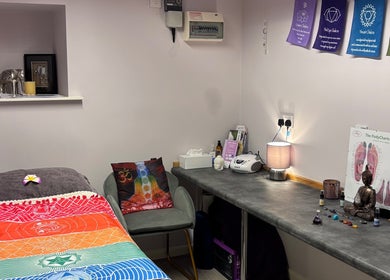 Tranquil therapy room at Just Breathe - CT Holistic Health & Wellness, Newton Abbot, England, GB. Chakra themes and decor.