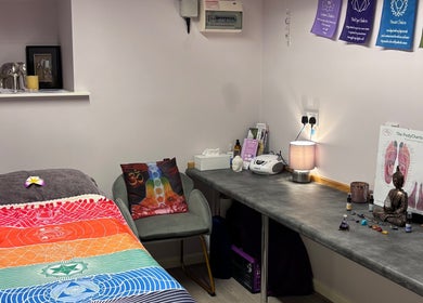 Peaceful therapy room at Just Breathe - CT Holistic Health & Wellness, Newton Abbot, England, GB, featuring chakra decor.
