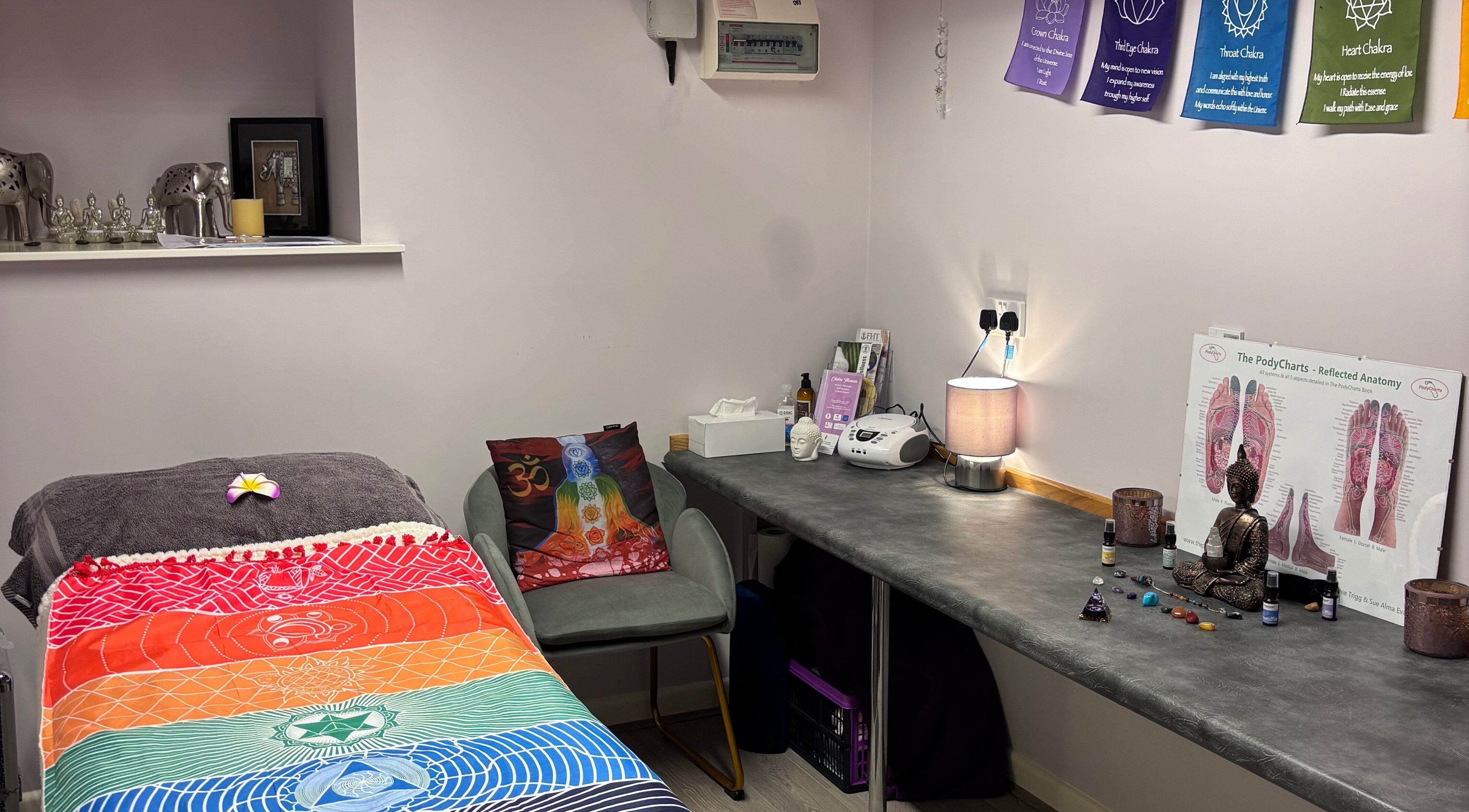 Peaceful therapy room at Just Breathe - CT Holistic Health & Wellness, Newton Abbot, England, GB, featuring chakra decor.