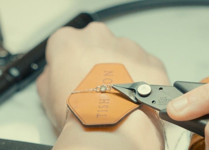 Close-up of jewelry design at Tish Lyon, London, England, GB highlighting detailed craftsmanship.