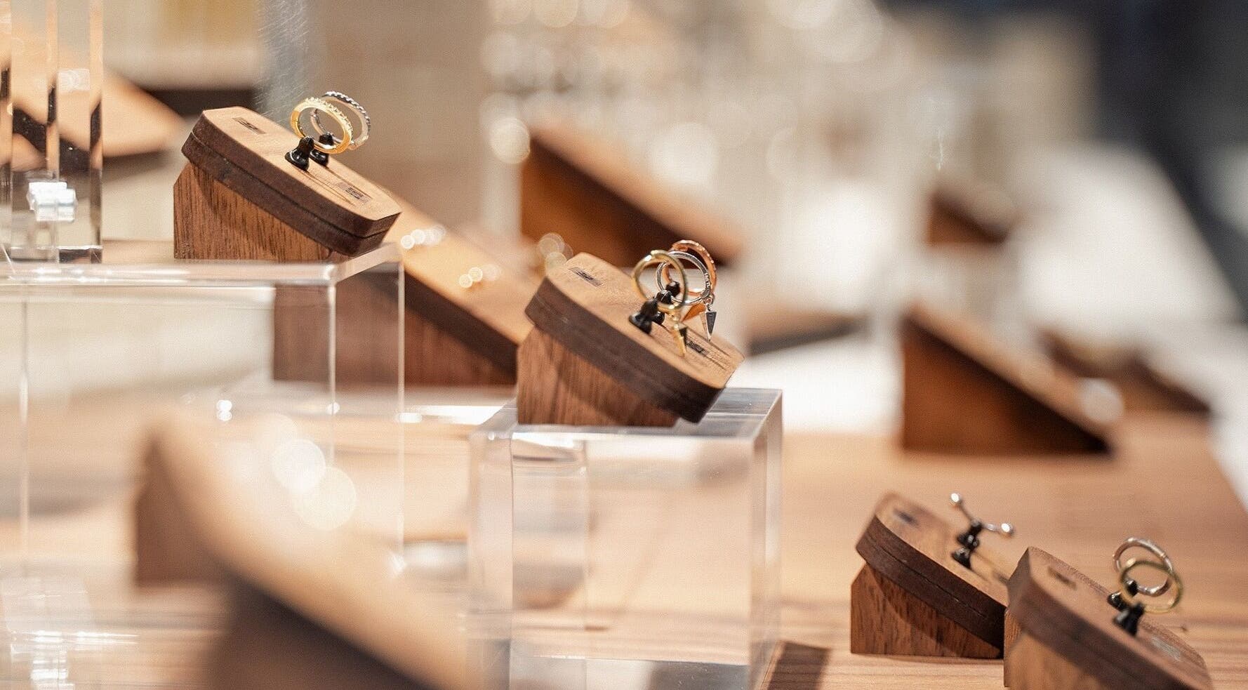 Elegant jewelry display at Tish Lyon Luxury Piercing & Jewellery Studio - Bluewater, Dartford, England, GB.