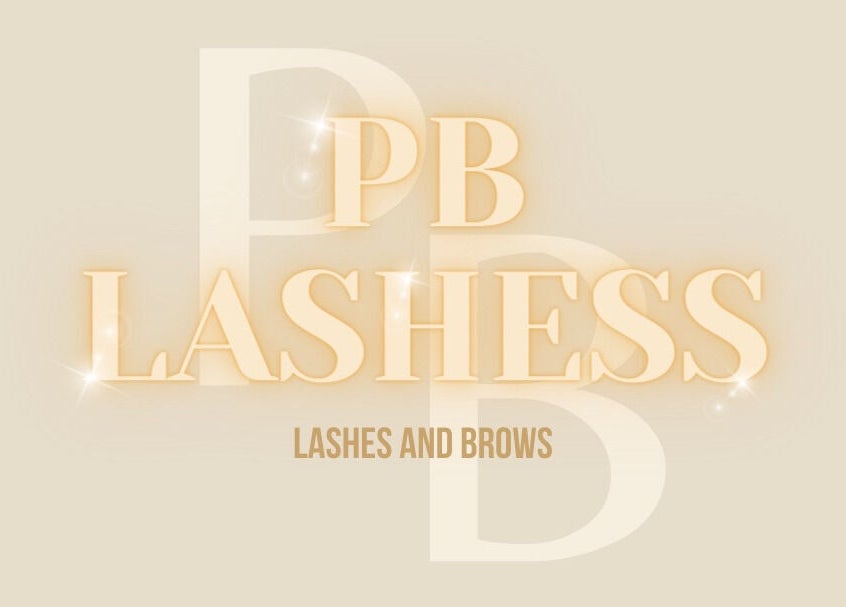 PB Lashes logo in gold letters on beige background, located in Corby, England, GB.
