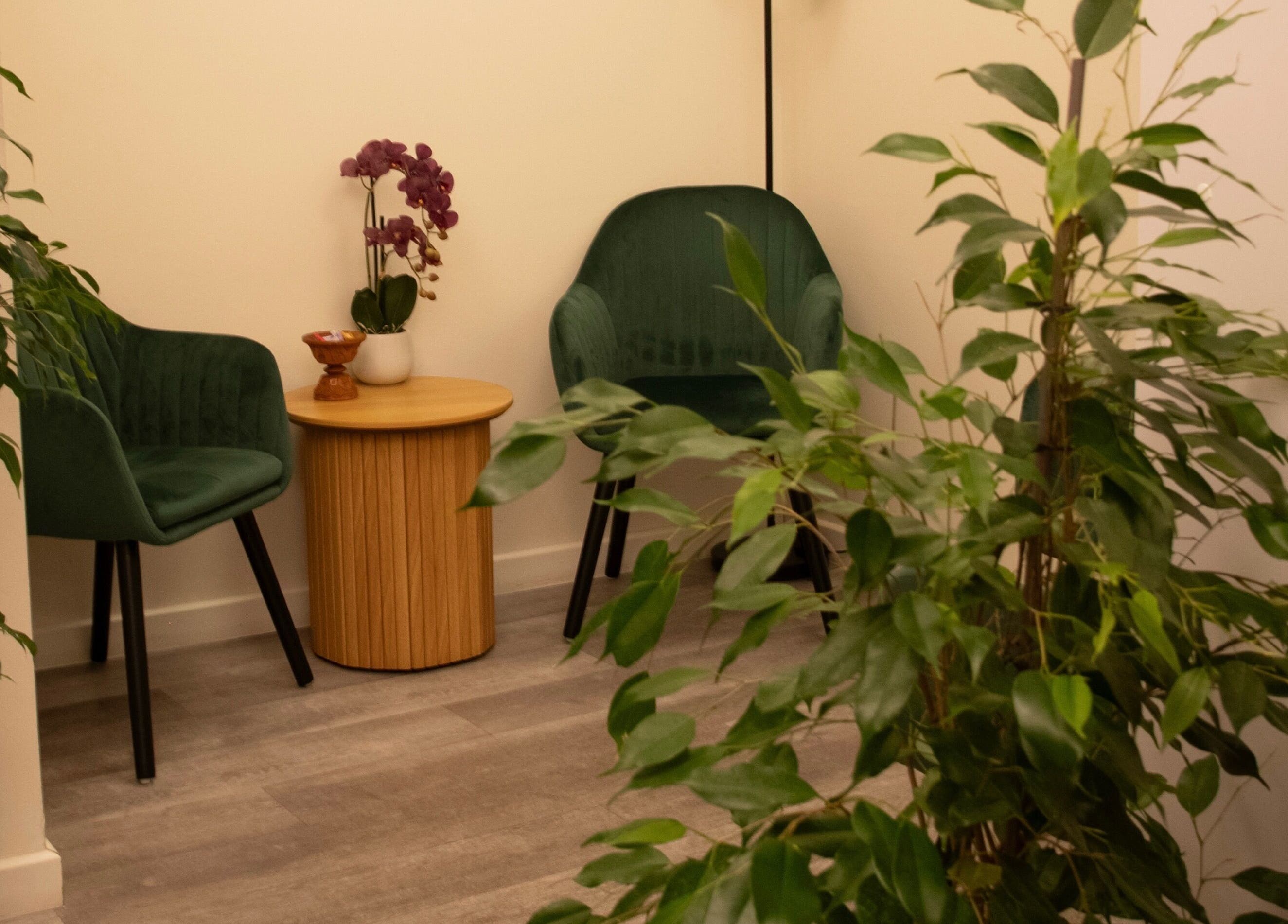 Coin détente avec fauteuils verts et plantes chez Ta Thaï Massage, Annemasse, Auvergne-rhône-alpes, FR.
