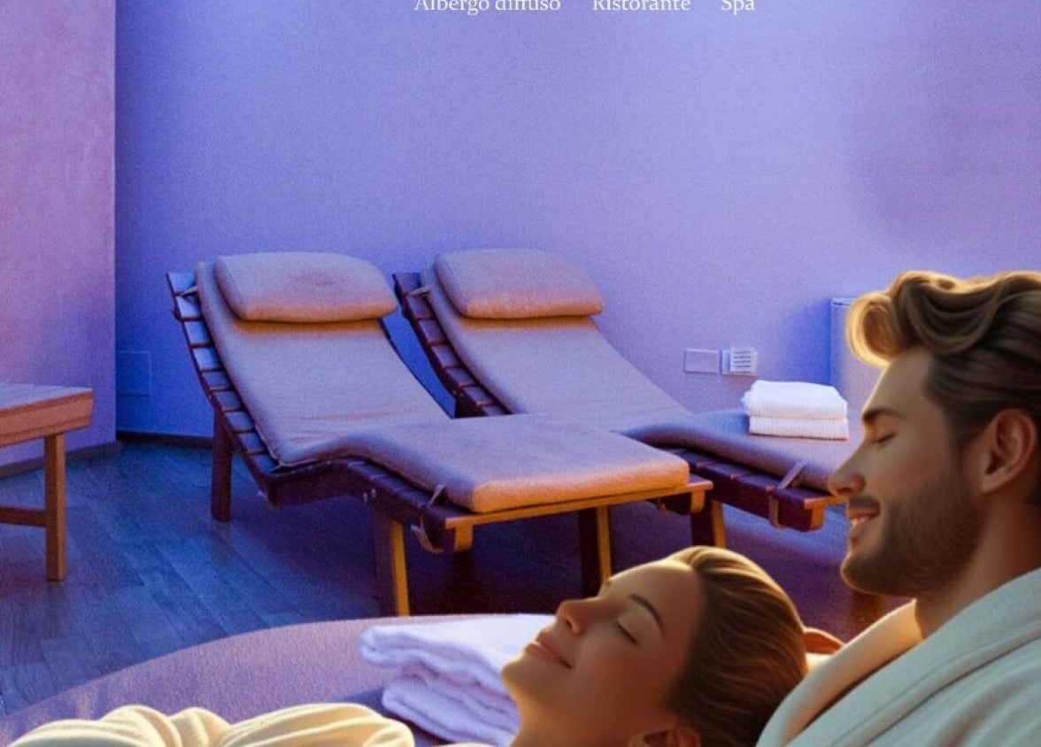 Coppia rilassata in spa di Casa Oliva Borgo del Benessere delle Marche, Bargni, Marche, IT.