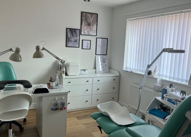 Modern treatment room at Livys Beauty Room, Norwich, England, GB, featuring stylish decor and nail stations.