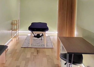 Calming massage room at Spiritfit Massage, Penryn, England, GB with a massage table and serene decor.