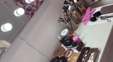 Makeup vanity with brushes and cosmetics at Klaudii Beauty, St Andrews, Scotland, GB.