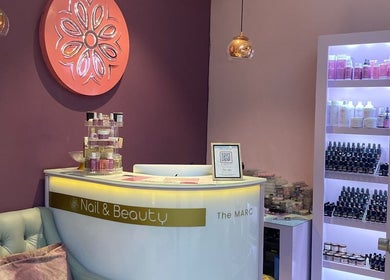 Welcome desk at Harmony Nail and Beauty Sandton, featuring elegant decor and nail products in Sandton, Gauteng, ZA.