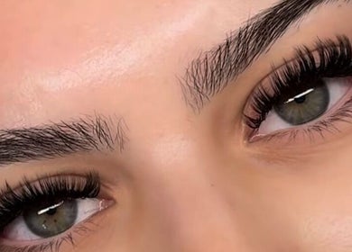 Close-up of perfectly styled lashes at Mroz Beauty in Salford, England, GB.