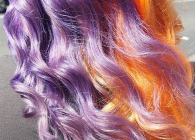 Vibrant purple and orange hair at Botanical Blade hair studio, Dunedin, Otago Region, NZ.