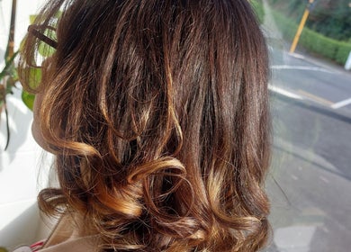Sunlit curls at Botanical Blade hair studio, Dunedin, Otago Region, NZ showcasing vibrant brunette highlights.