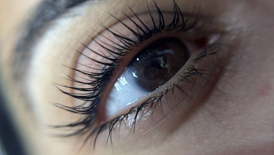 Close-up of an eyelash extension at Esel Beauty, Enfield, England, GB, showcasing intricate detail.