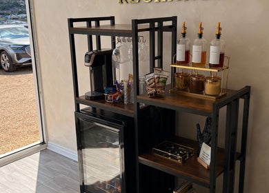 Entity Aesthetics coffee nook with beverages and snacks, Rochester, England, GB.