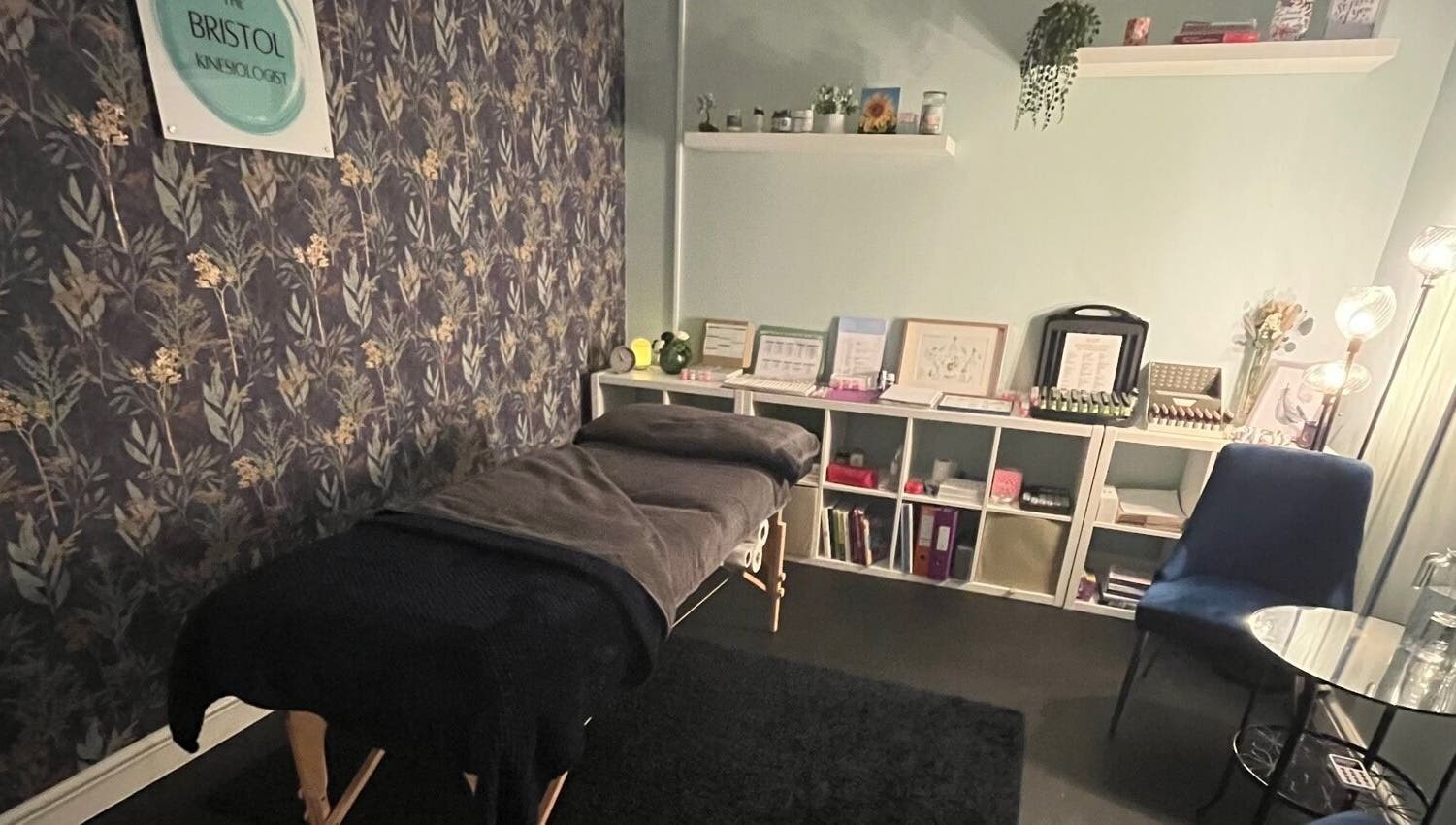 Cozy treatment room at The Bristol Kinesiologist, Emersons Green, England, GB, with calming decor.