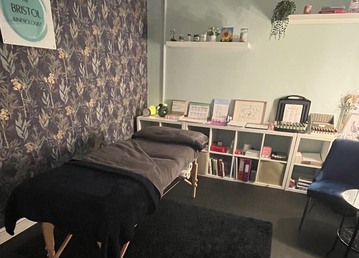 Cozy treatment room at The Bristol Kinesiologist, Emersons Green, England, GB, with calming decor.