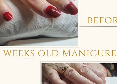 Four-week-old red manicure before redo at Health And Beauty At Your Door, Easingwold, England, GB.