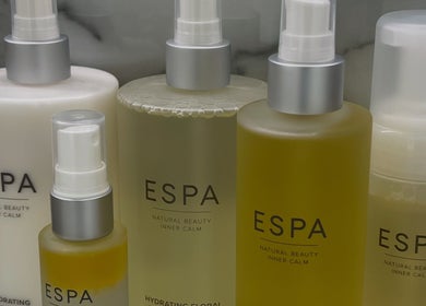 Luxury ESPA products at Sacred Skin and Wellness, Kingsteignton, England, GB, showcasing natural beauty care.