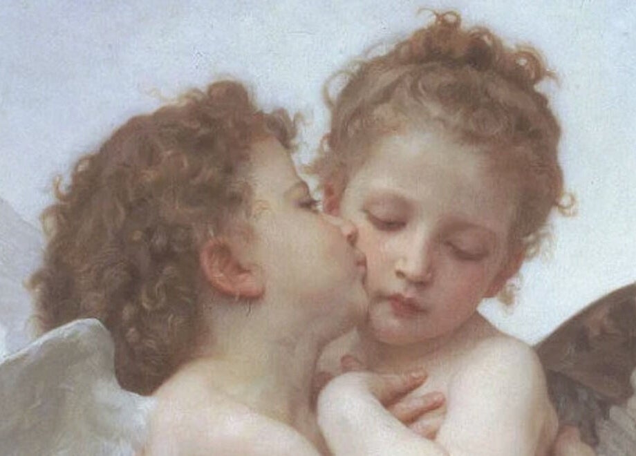 Cherubic figures embracing in serene setting at Leilei Nail Studio, Tiranë, Qarku I Tiranës, AL.