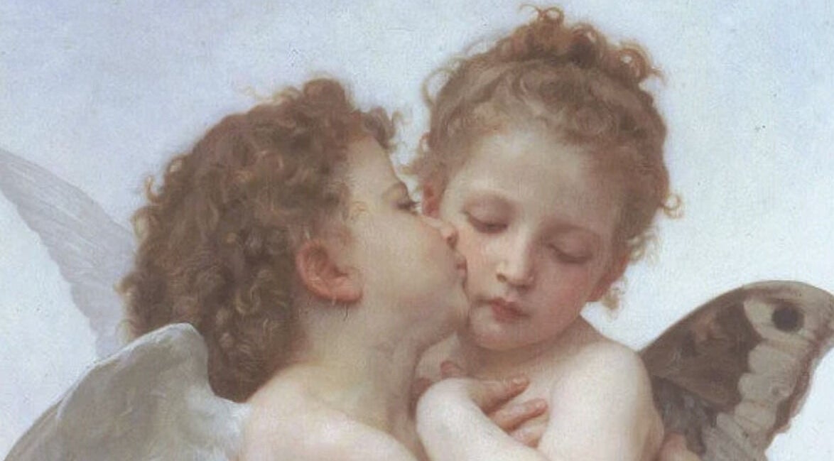 Cherubic figures embracing in serene setting at Leilei Nail Studio, Tiranë, Qarku I Tiranës, AL.