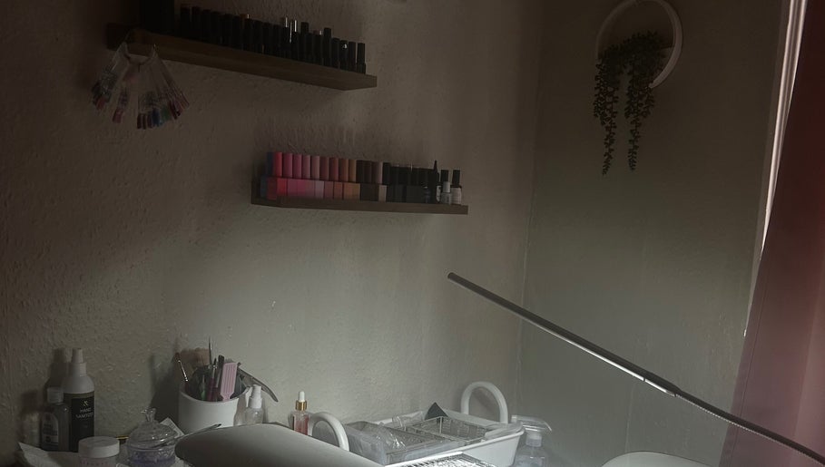 Nail supplies on shelves in Nailsnailed studio, Peterborough, England, GB.
