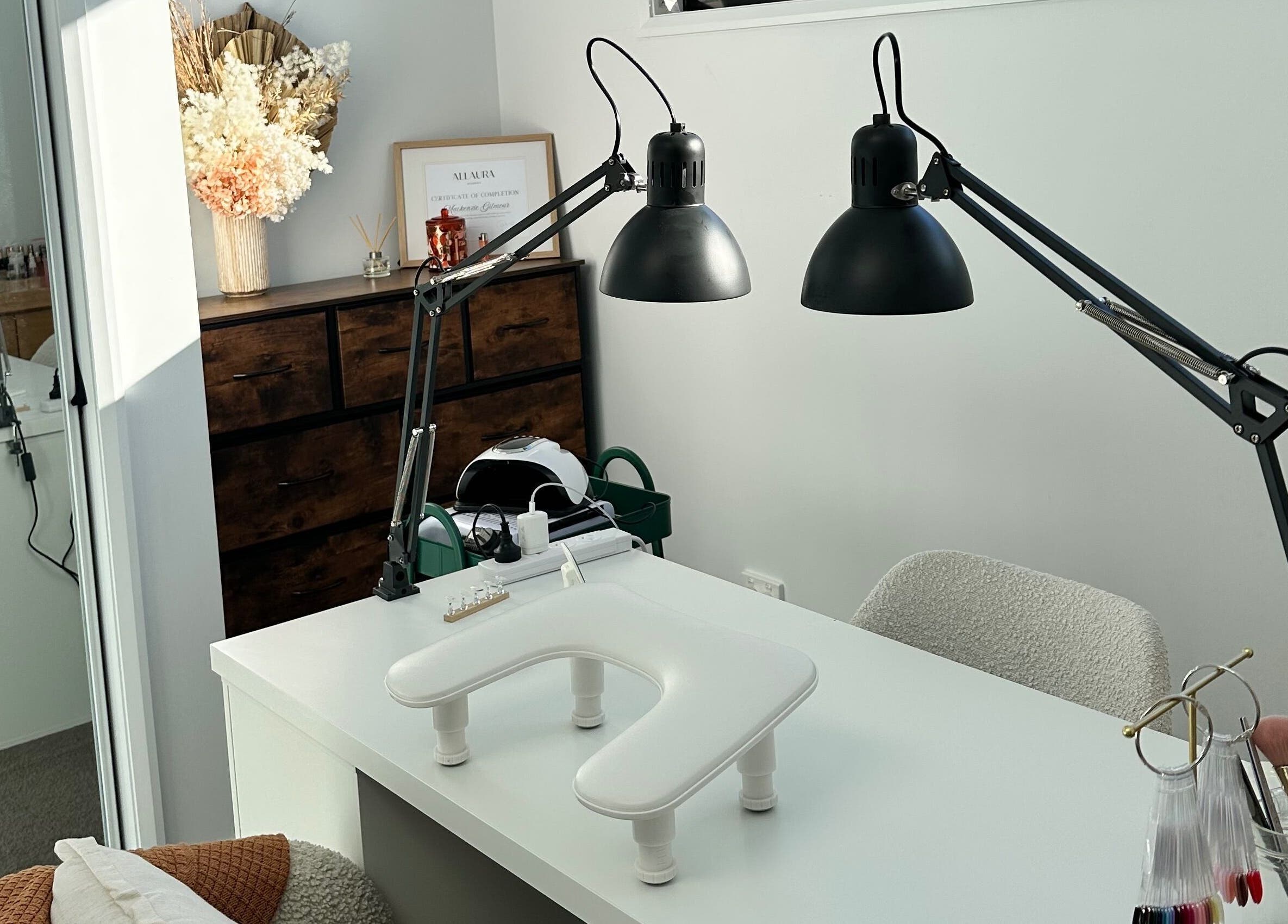 Nail station at Kured by Kenz, Sanctuary Point, New South Wales, AU featuring decor and modern lighting.