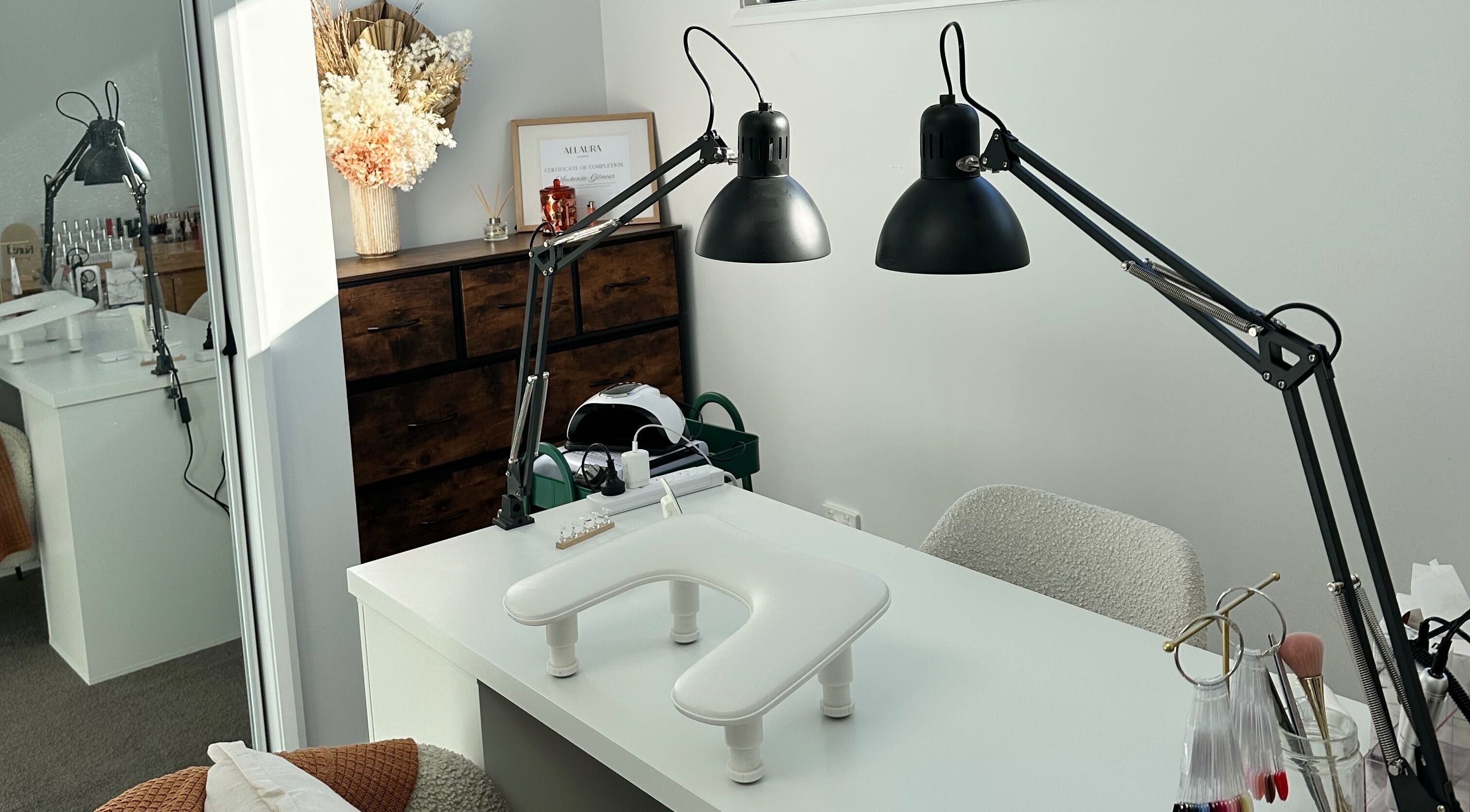 Nail station at Kured by Kenz, Sanctuary Point, New South Wales, AU featuring decor and modern lighting.