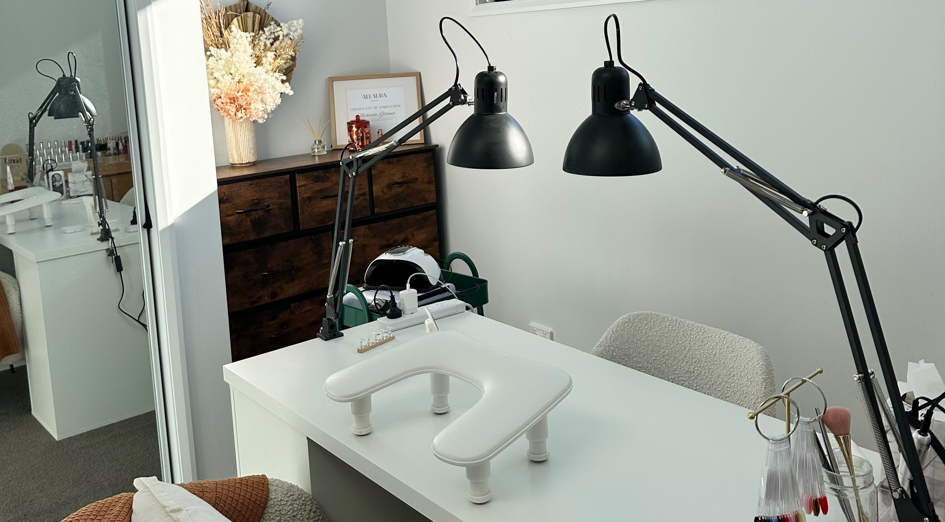 Nail station at Kured by Kenz, Sanctuary Point, New South Wales, AU featuring decor and modern lighting.