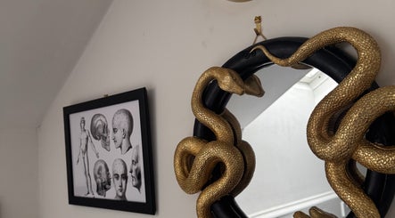 Decorative gold serpents on a mirror and anatomical art at La Rosa Blanca | Reiki & Yoga, Glasgow, Scotland, GB.
