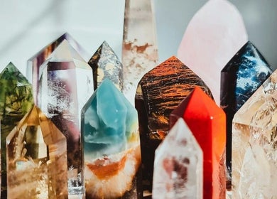 Colorful healing crystals at La Rosa Blanca | Reiki & Yoga, Glasgow, Scotland, GB, enhancing wellness experience.