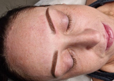 Close-up of a woman with styled eyebrows at Sweet Features, Edgeworth, New South Wales, AU.