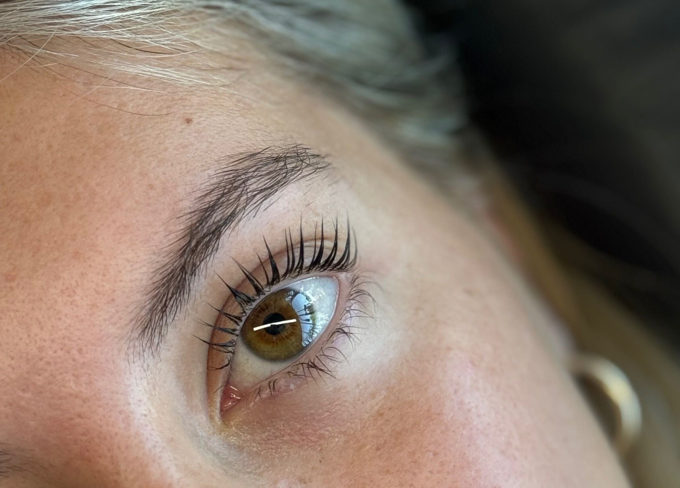 Close-up of expertly styled eyelashes at Sarah’s Lashes in Guelph, Ontario, CA.