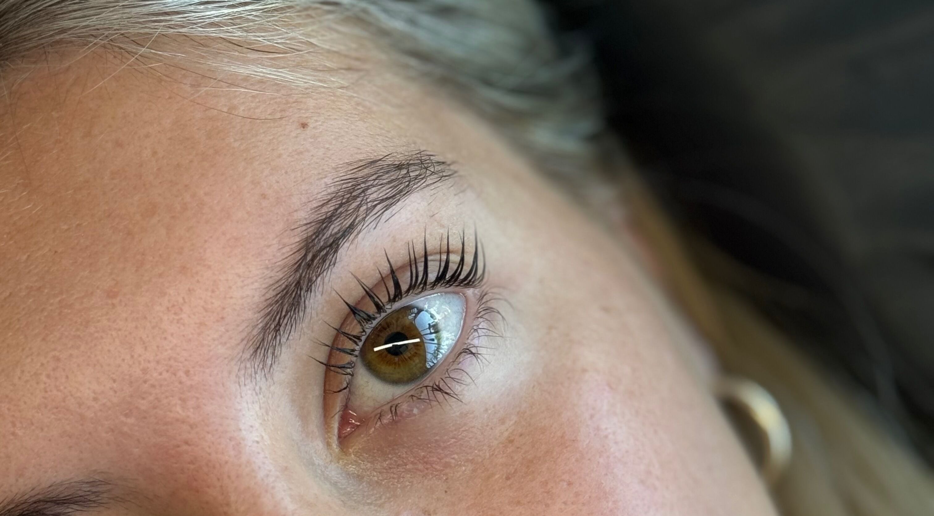 Close-up of expertly styled eyelashes at Sarah’s Lashes in Guelph, Ontario, CA.