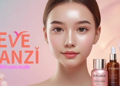 EveGanzi skincare products and model at Westmount, CA, showcasing glow and elegance.