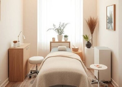 Tranquil treatment room at EveGanzi, Westmount, CA featuring cozy decor and soothing ambiance for relaxation.