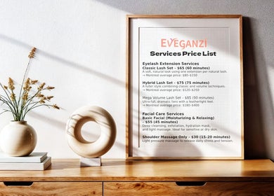 EveGanzi service price list framed on wooden shelf in Westmount, CA, with vase and modern decor.