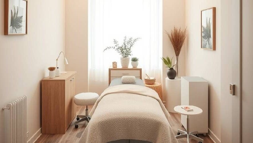 Tranquil treatment room at EveGanzi in Westmount, CA featuring a cozy massage bed and soft lighting.