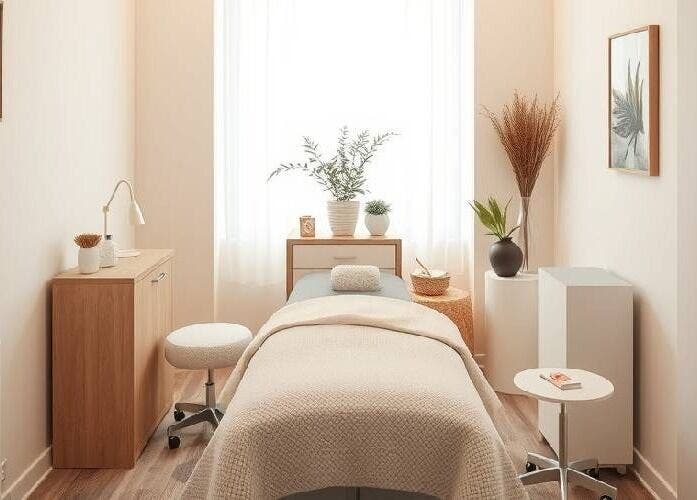 Tranquil treatment room at EveGanzi in Westmount, CA featuring a cozy massage bed and soft lighting.