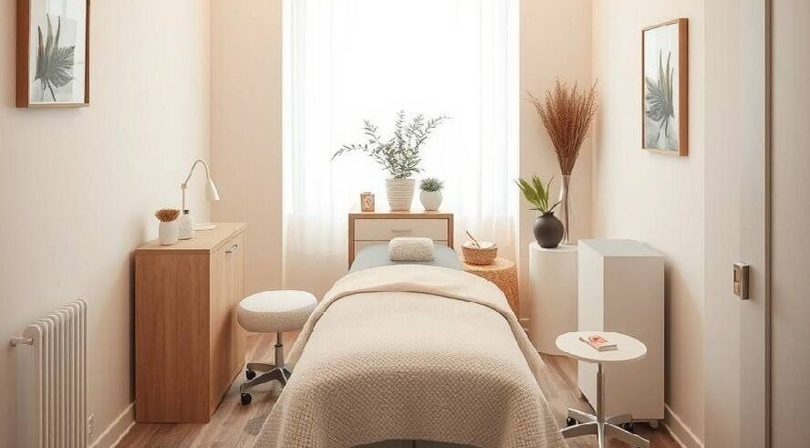 Tranquil treatment room at EveGanzi in Westmount, CA featuring a cozy massage bed and soft lighting.