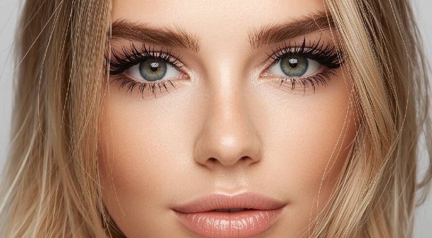 Close-up of a beautifully enhanced face at EveGanzi, Westmount, CA, showcasing expert makeup artistry.