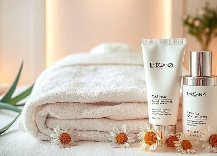 EveGanzi beauty products on plush towels at Westmount, CA spa.