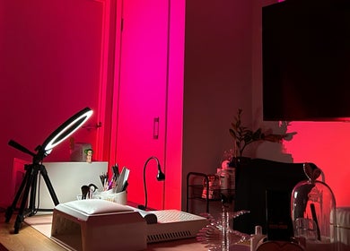 Elegant nail station at Nails Gelato, Melbourne, Victoria, AU with modern decor and ambient lighting.
