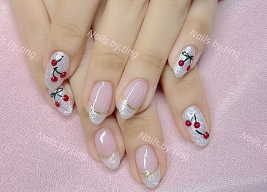 Cherry nail art at Nails By Ting, Singapore, Singapore, SG. Elegant designs on well-manicured hands.